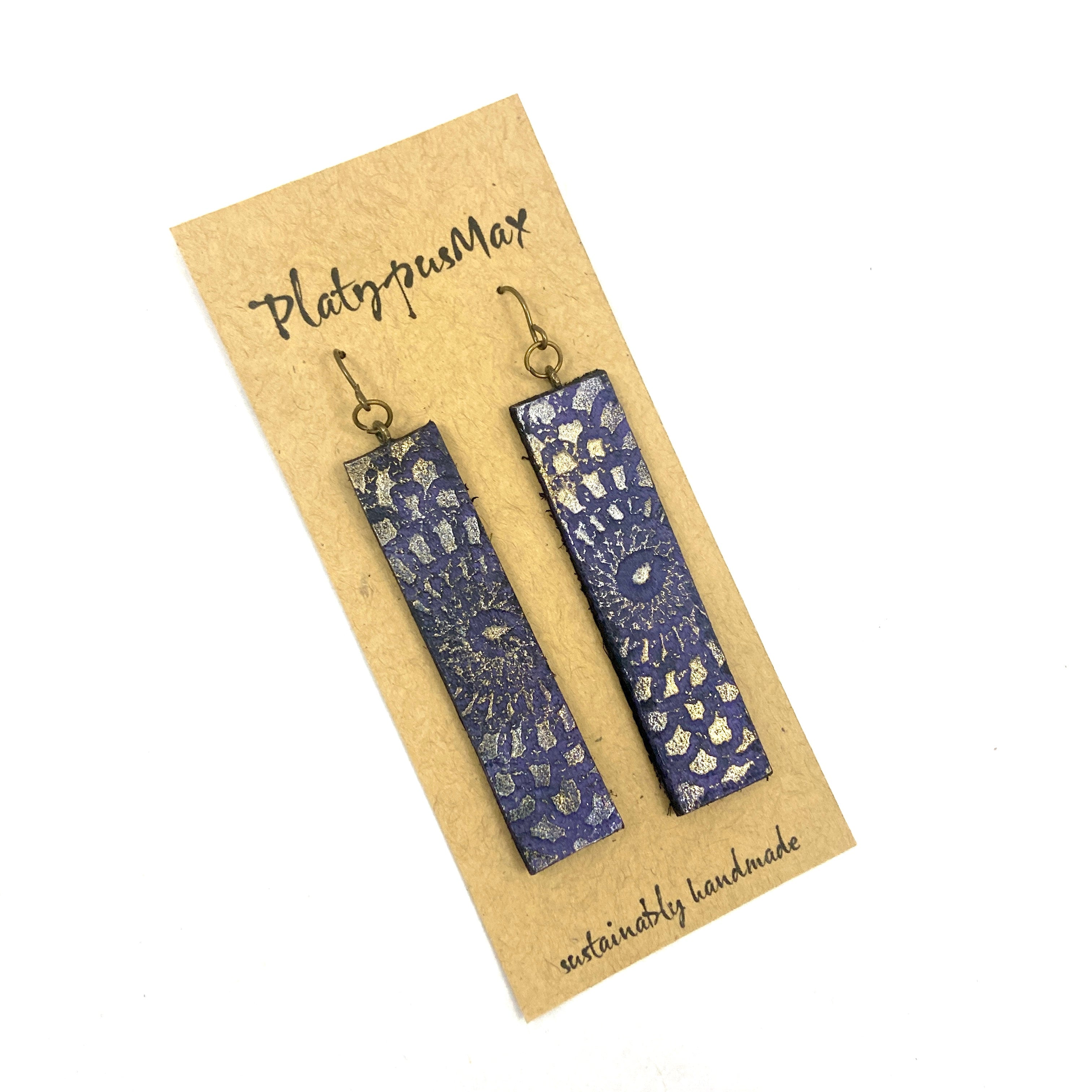 Purple Mandala Shimmer Bar Leather Boho Glossy Earrings - Rosetta Creative Boutique